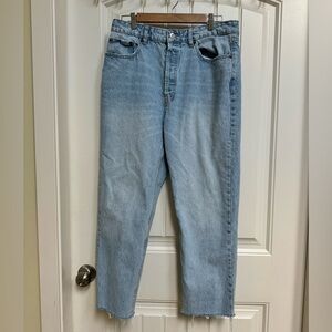 Zara 100% Cotton Ultra High Waist Button Fly Raw Hem Cropped Denim Jeans. 10